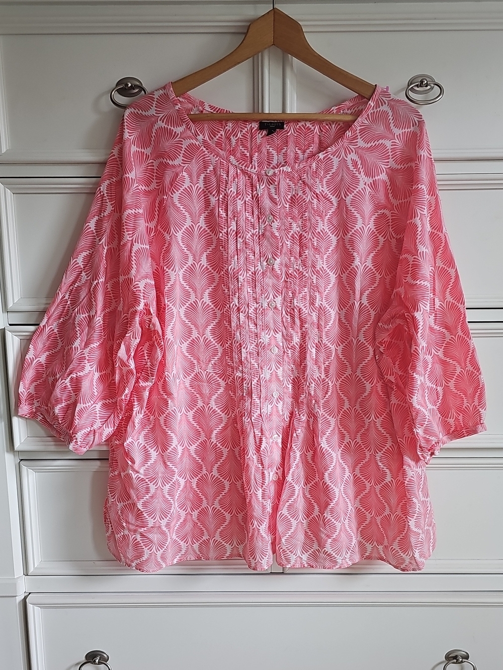 Talbots Coral-Pink Printed Pintuck Button-Up Blouse